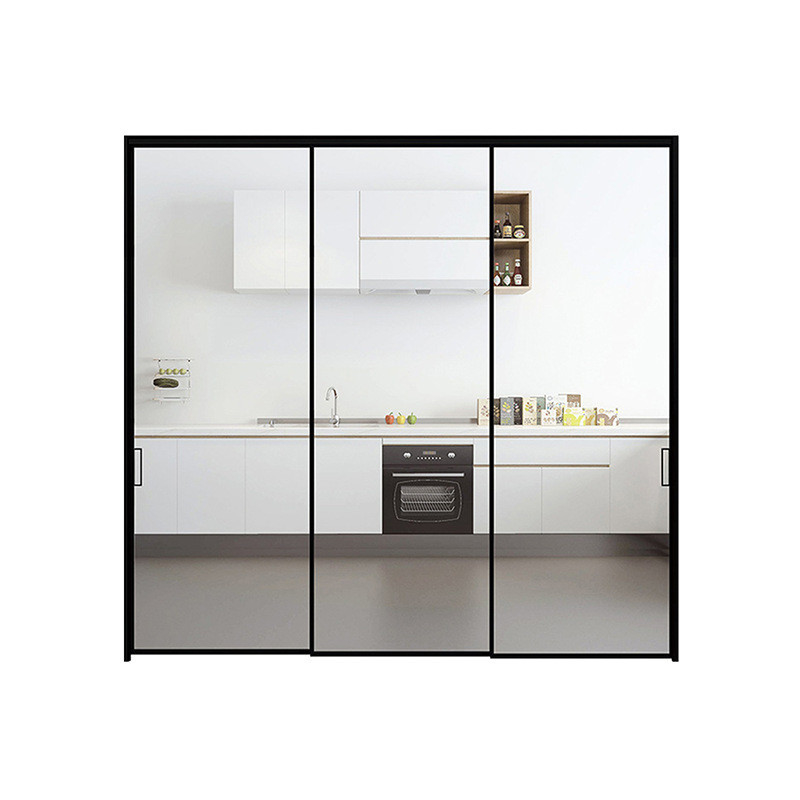 Produzindo portas de vidro de alumínio de estrutura estreita deslizante com design minimalista